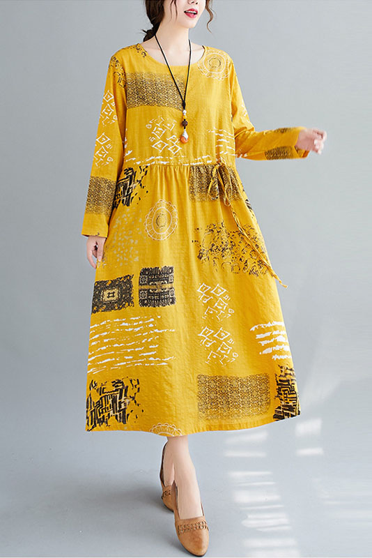 Spring Loose Cotton Linen Dress O-neck Print Dress