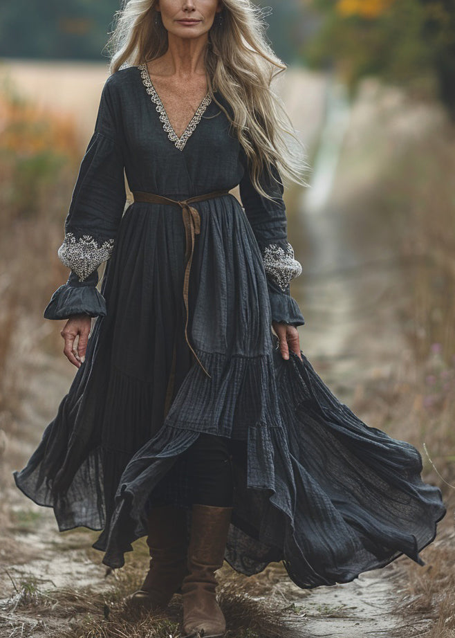 Black V Neck Lace Patchwork Cotton Dresses Spring
