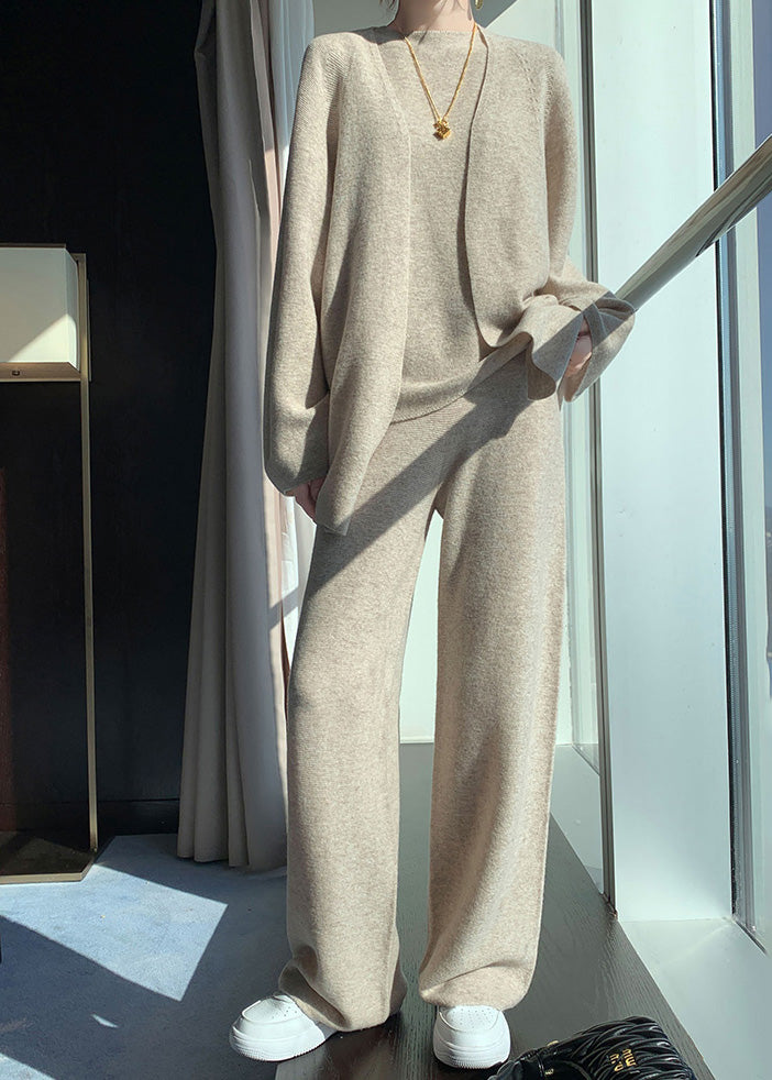 Natural Light Camel V Neck Woolen Cardigan Waistcoat and Wide Leg Pants Three Piece Set Fall