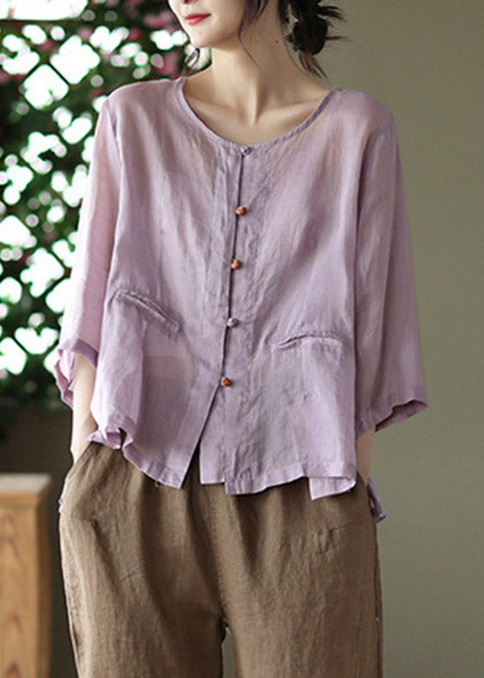 Purple O-neck Button Linen Shirt Long Sleeve