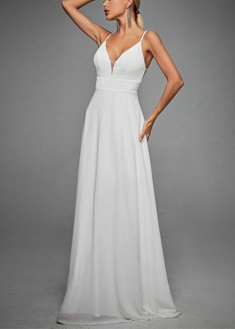 French White V Neck Lace High Waist Spaghetti Strap Dress Sleeveless
