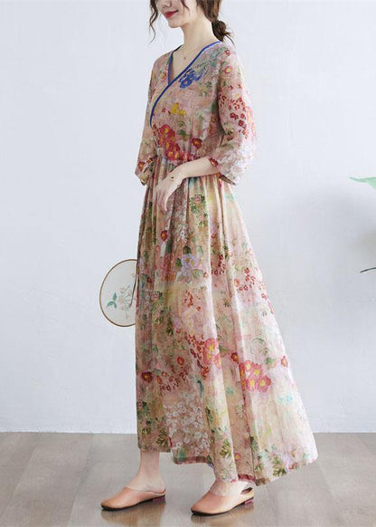 Simple Print V Neck Summer Tie Waist Long Dresses Half Sleeve
