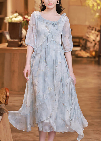Boutique Light Blue Ruffled Asymmetrical Patchwork Chiffon Dress Summer