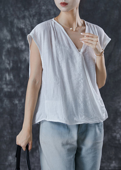 White V Neck Wrinkled Linen Tops Summer