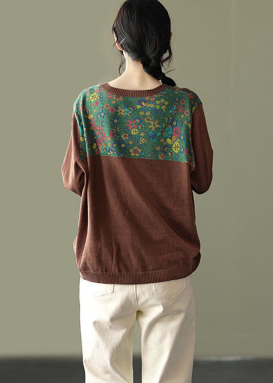 Loose Chocolate O-neck Button Patchwork Print Knit Tops Long Sleeve