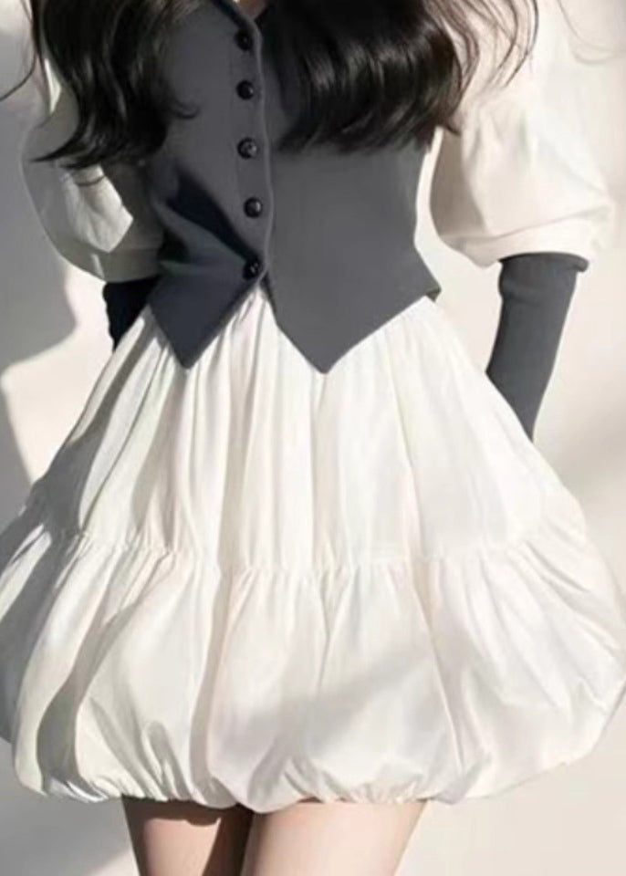 Organic White V Neck Button Mid Dress Puff Sleeve