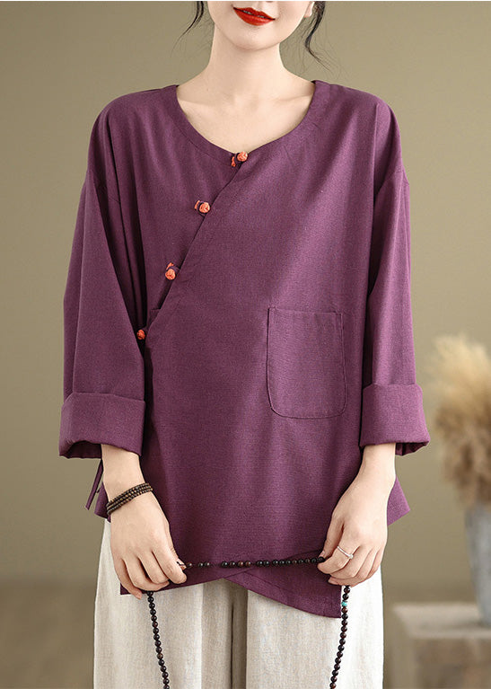 Purple Oversized Tie Waist Linen Shirts Spring