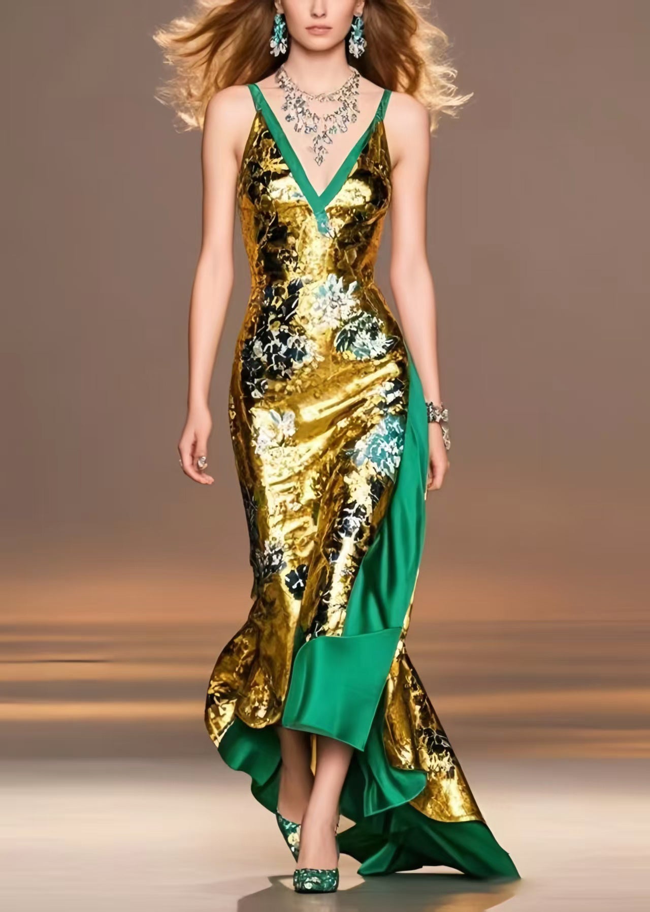 Golden Print Asymmetrical Exra Large Hem Vestidos Dress Summer