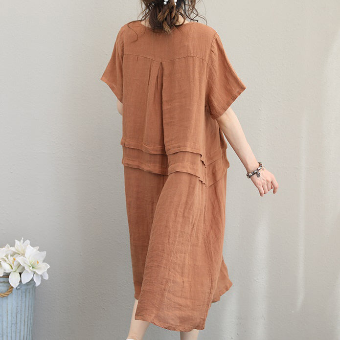 Orange Khaki Linen Shift Dresses Oversized Linen Cotton Dress O Neck Patchwork Cotton Dresses