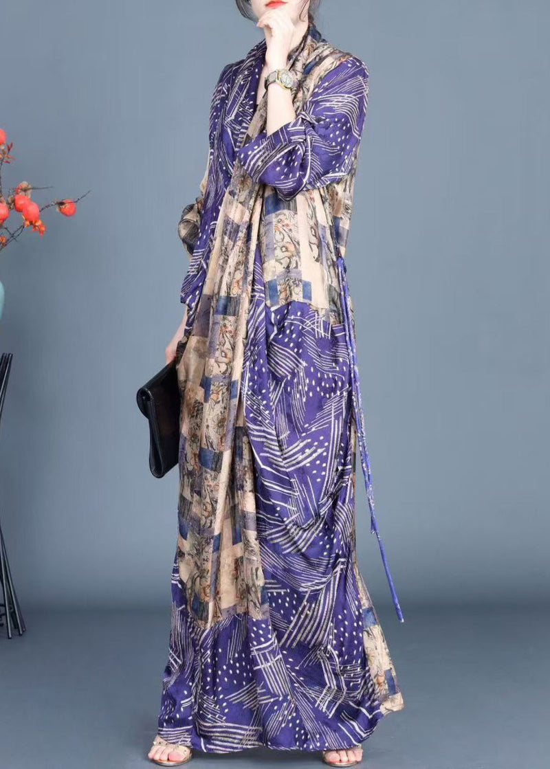 Blue Print Side Open Tie Waist Silk Long Dress Fall