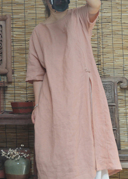 Pink O Neck Side Open Cotton Dresses Summer