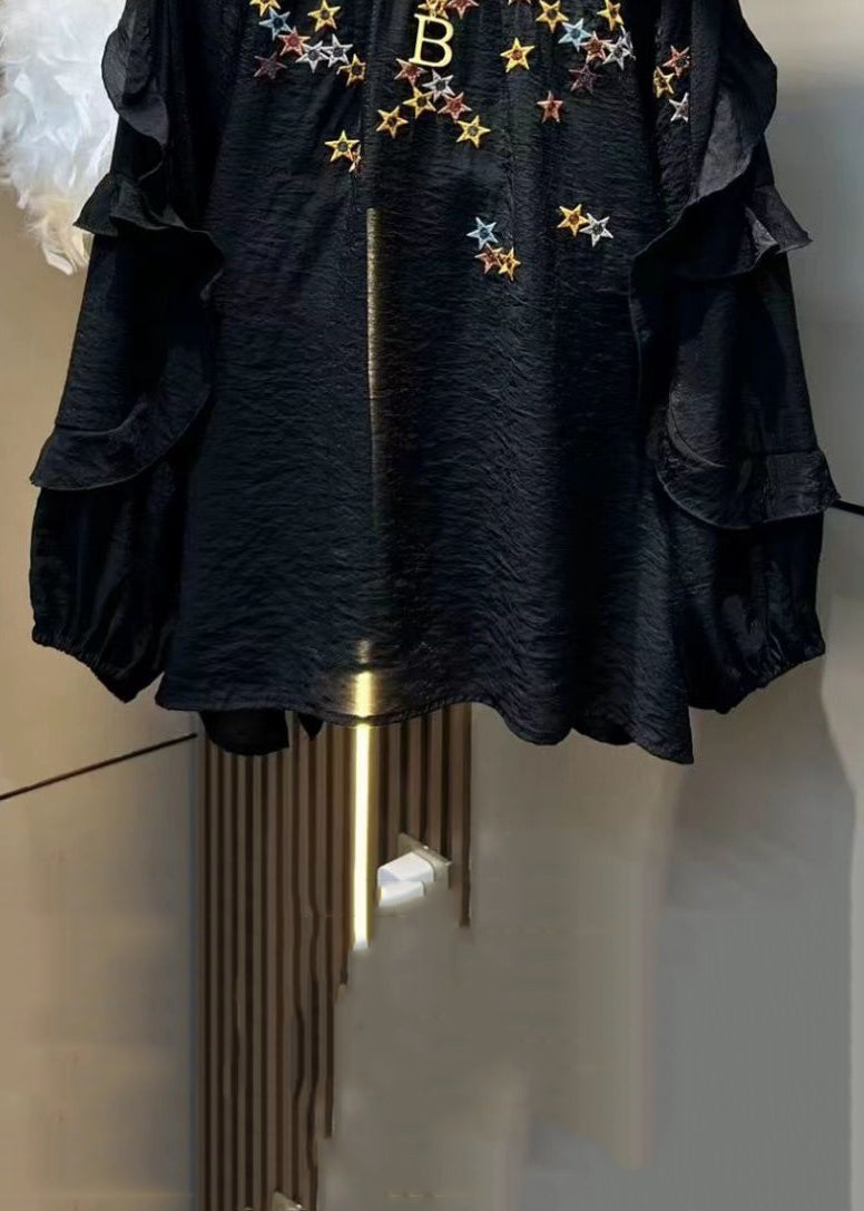 Loose Black Embroidered Ruffled Cotton Tops Long Sleeve