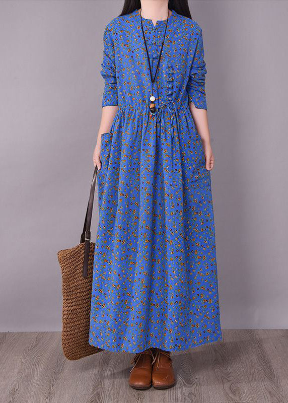 Blue O-neck Wrinkled Print Linen Dress Long Sleeve