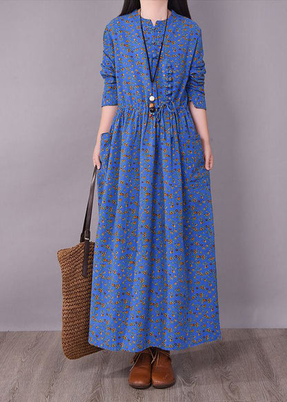 Blue O-neck Wrinkled Print Linen Dress Long Sleeve