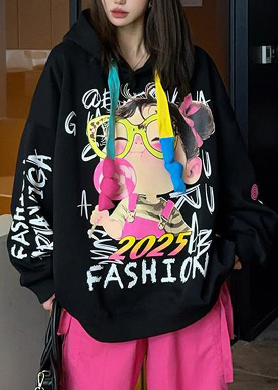 Oversized Black Hooded Cartoon Print Cotton Sweatshirt Spring