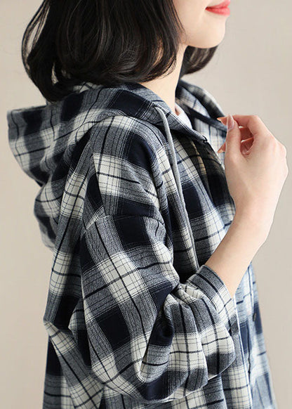 Style Black White Plaid Hooded Button Fall Top Long Sleeve