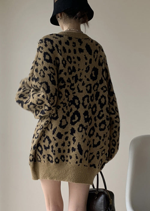 Khaki Leopard O Neck Cozy Knit Sweater Winter