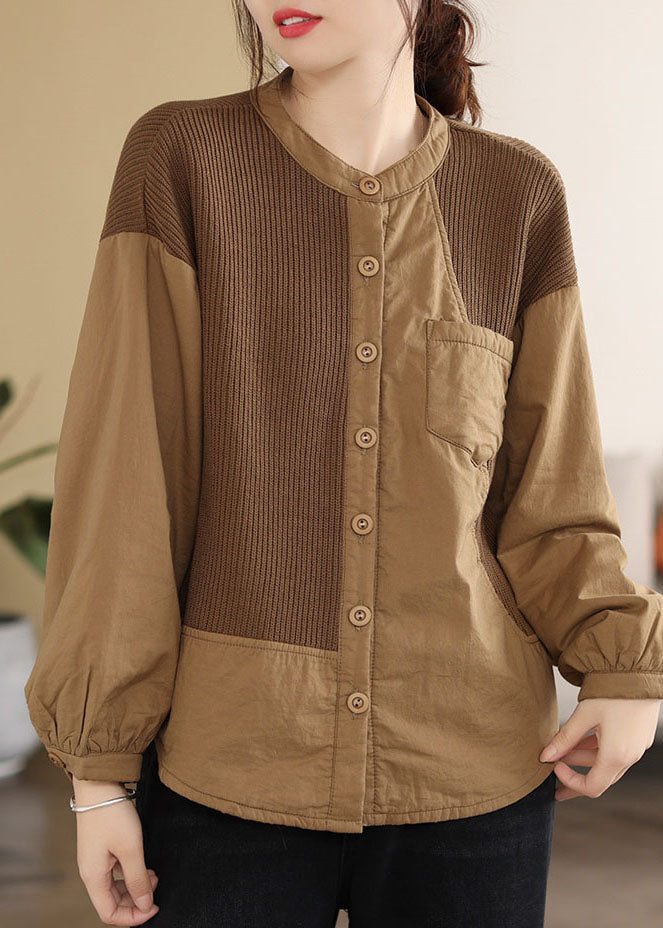 Classy Coffee O-neck Patchwork Pockets Fine Cotton Filled Parka Jacket Winter