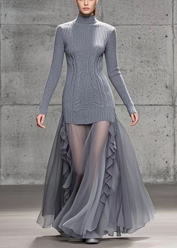 Grey Ruffled Patchwork Tulle Knit Dress Winter