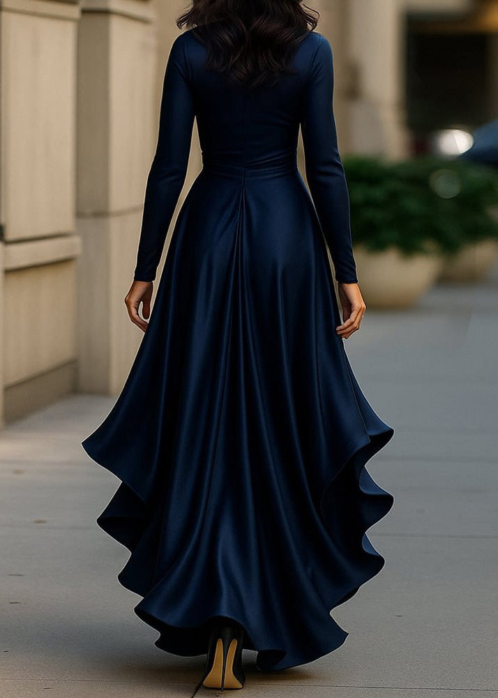 Navy Ruffled Asymmetrical Design Silk Dress Spring