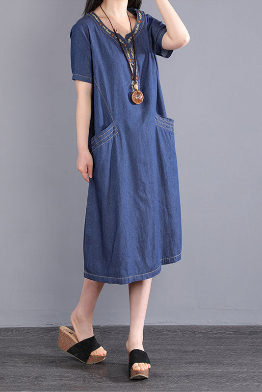 -summer New Embroidered Dress Short Sleeve Denim Dress