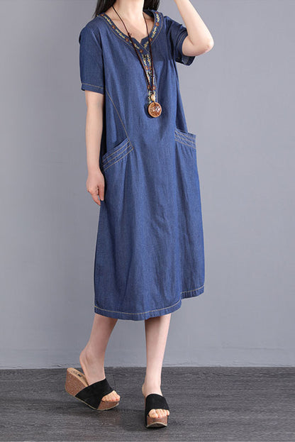 -summer New Embroidered Dress Short Sleeve Denim Dress