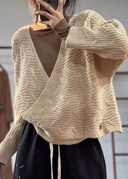 Coffee V Neck Button Cotton Knit Coats Fall