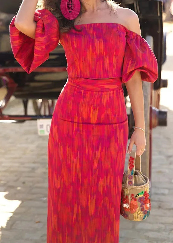 New Off Shoulder Top and Skirt Set Bubble Sleeves