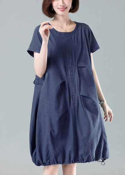 Navy Ruffled Drawstring Denim Dresses Summer