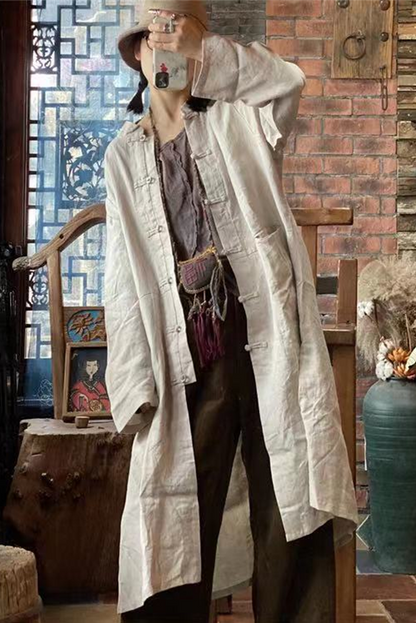 - White Linen Buckle Long Coat