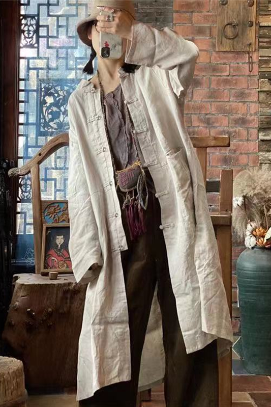 - White Linen Buckle Long Coat