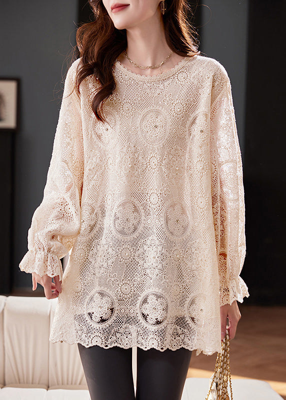Apricot Embroidered Hollow Out Chiffon Top Flare Sleeve
