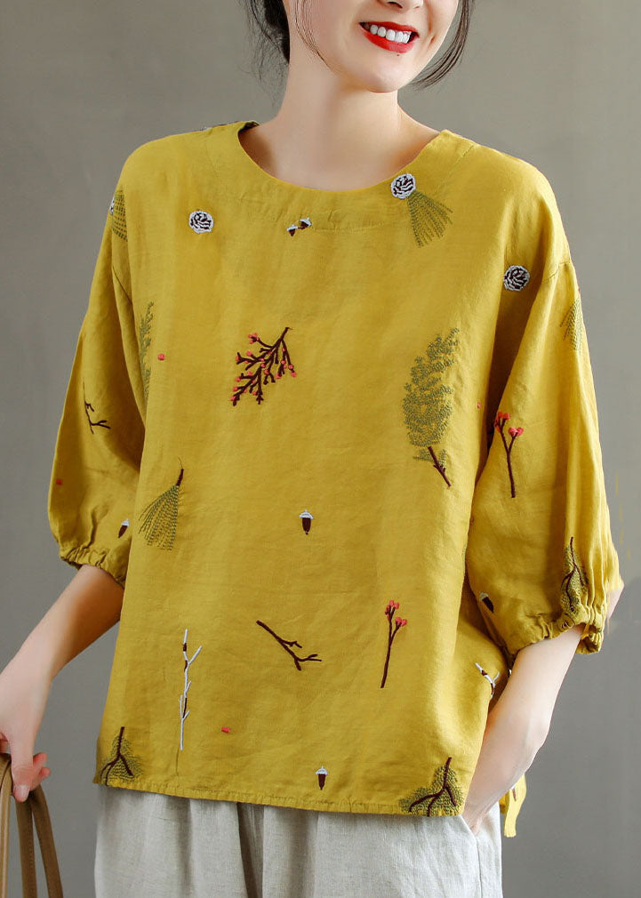 Yellow O-neck Embroidered Patchwork Linen T Shirts Summer