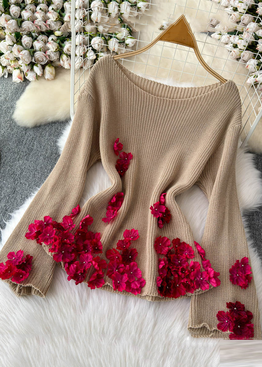 Stylish Khaki Slash Neck Cotton Knit Sweaters Winter