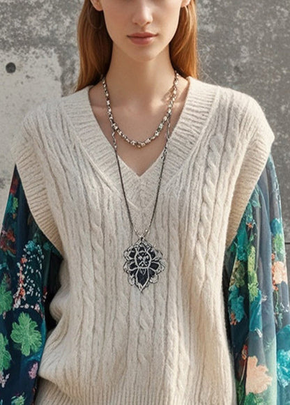 Beige Patchwork Print Knit Fake Two Piece Tops V Neck Fall