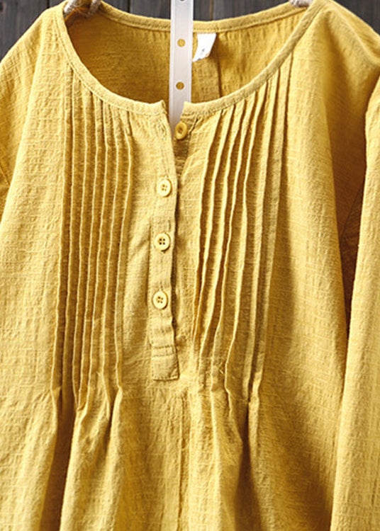 Yellow O Neck Wrinkled Cotton Shirts Spring