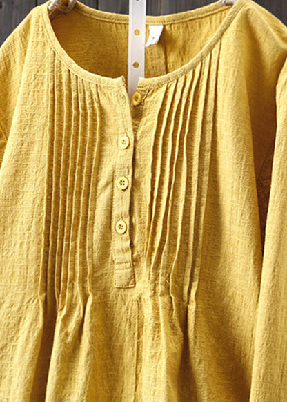 Yellow O Neck Wrinkled Cotton Shirts Spring