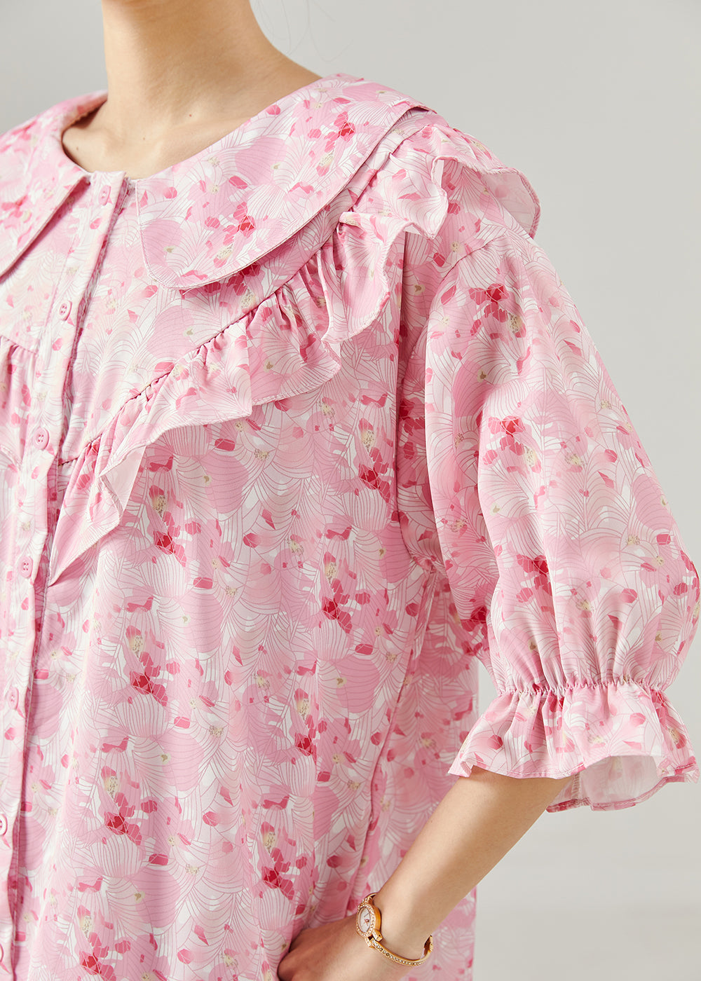Pink Ruffled Print Chiffon Dress Spring