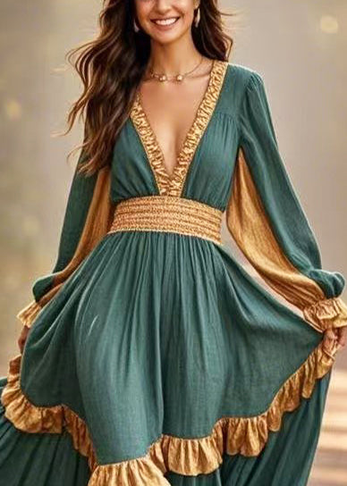 Green Ruffles Patchwork Exra Large Hem Cotton Party Dress Spring