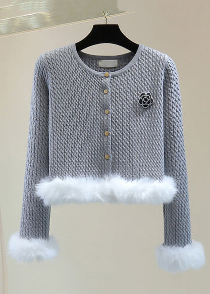 Stylish Grey O-neck Fuzzy Fur Fluffy Cotton Knit Sweater Winter