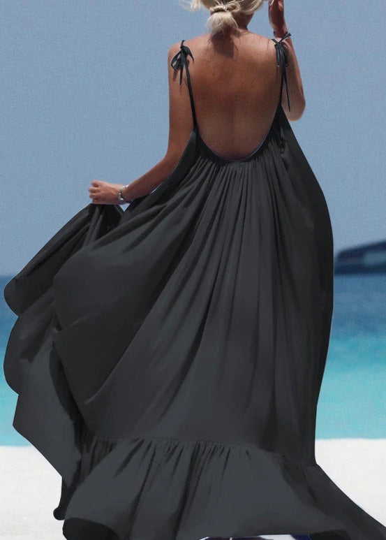 Black Backless Cotton Spaghetti Strap Dress Summer