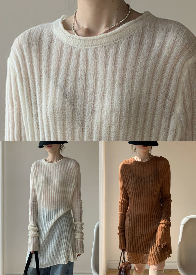 Coffee Loose Knit Sweater Mid Dress O-neck Fall