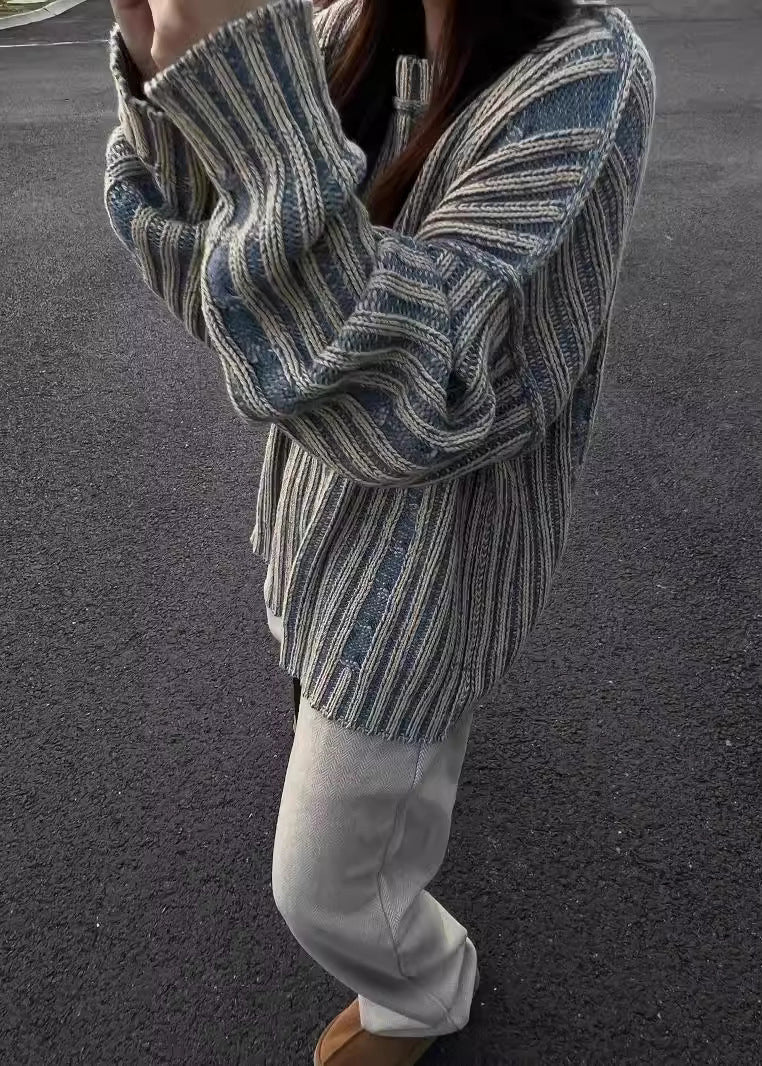 Boutique Blue O Neck Thick Striped Knit Sweaters Fall