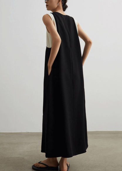 Black Pockets Patchwork False Two Pieces Cotton Long Dresses Sleeveless