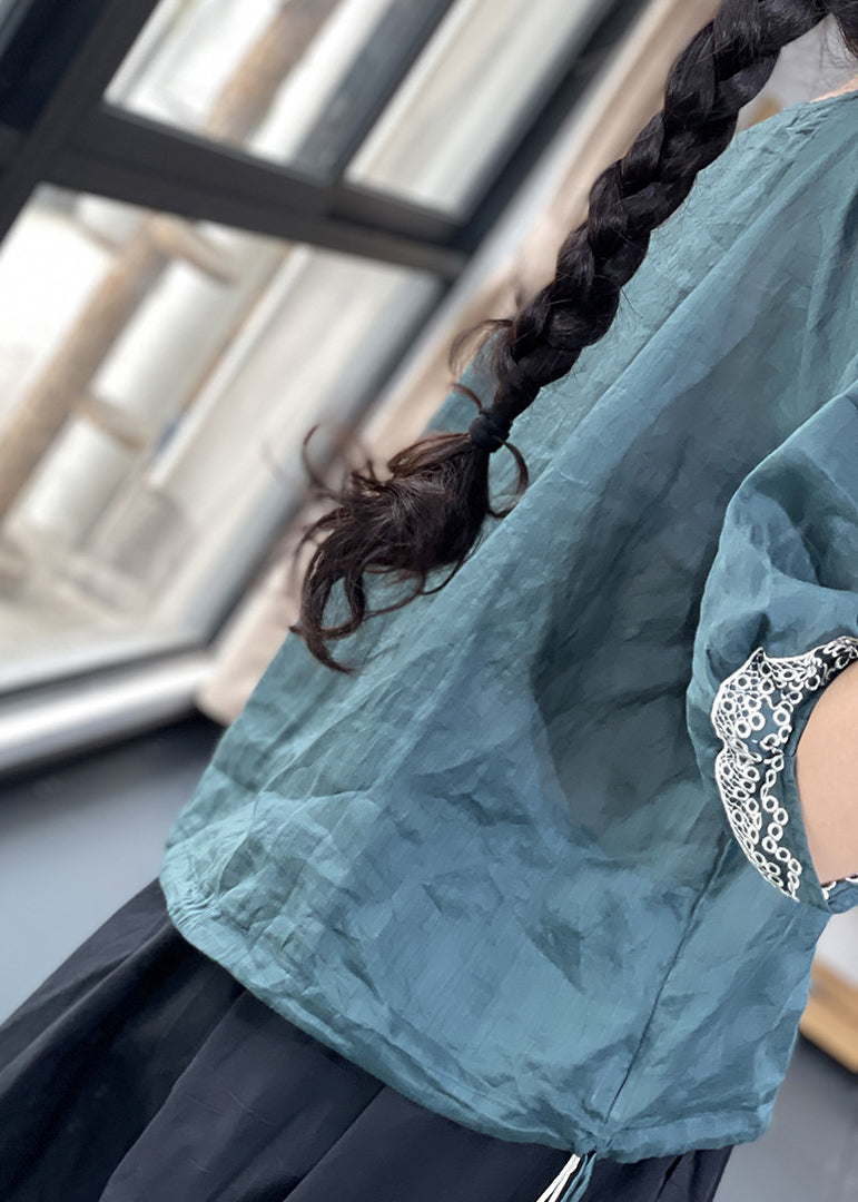 New Blue Embroidered Linen Blouses Summer