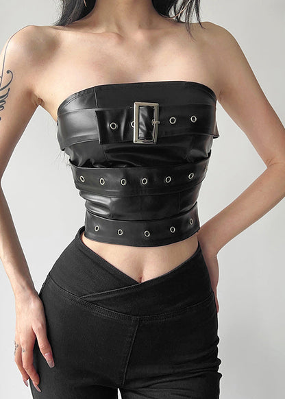 Black Backless Faux Leather Short Strapless Top