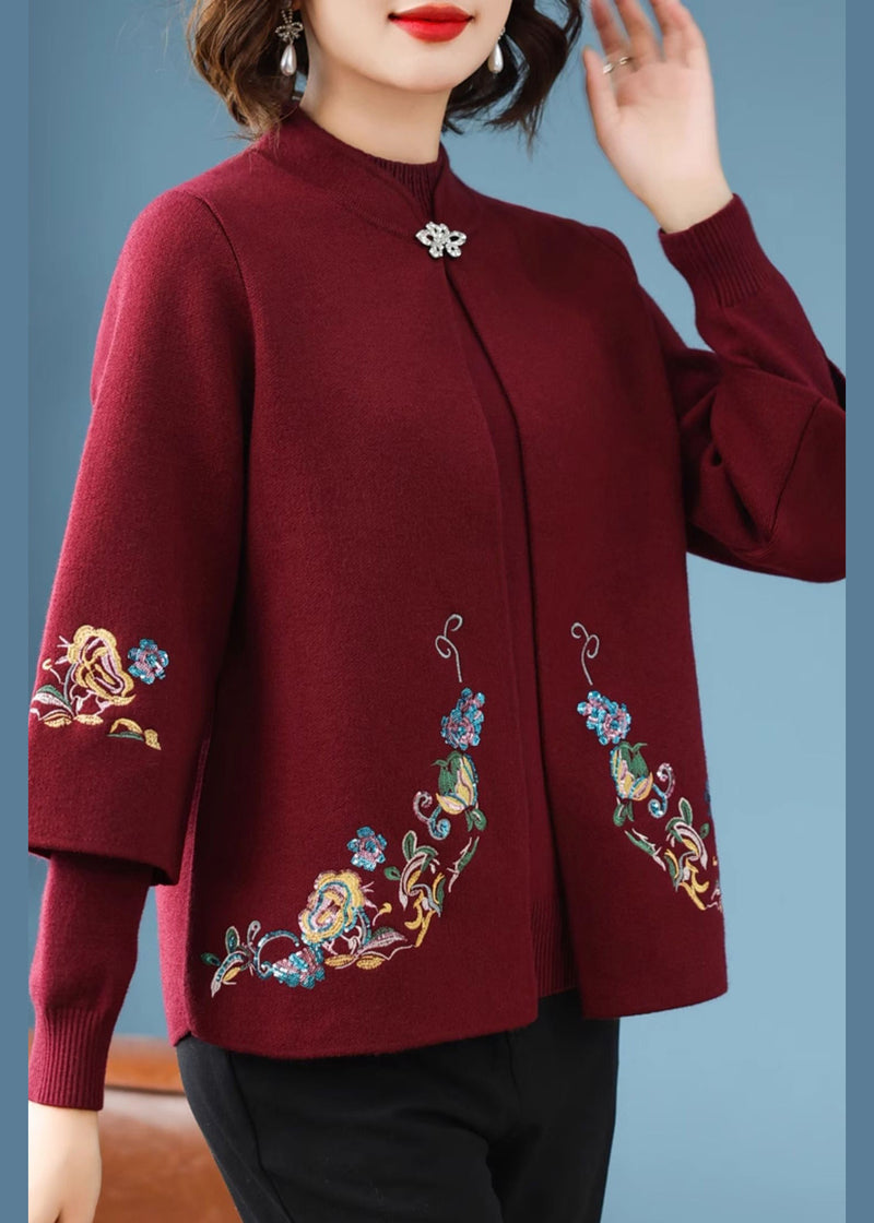 Red Stand Collar Cotton Knit Cardigans and Sweater Two Piece Set Fall