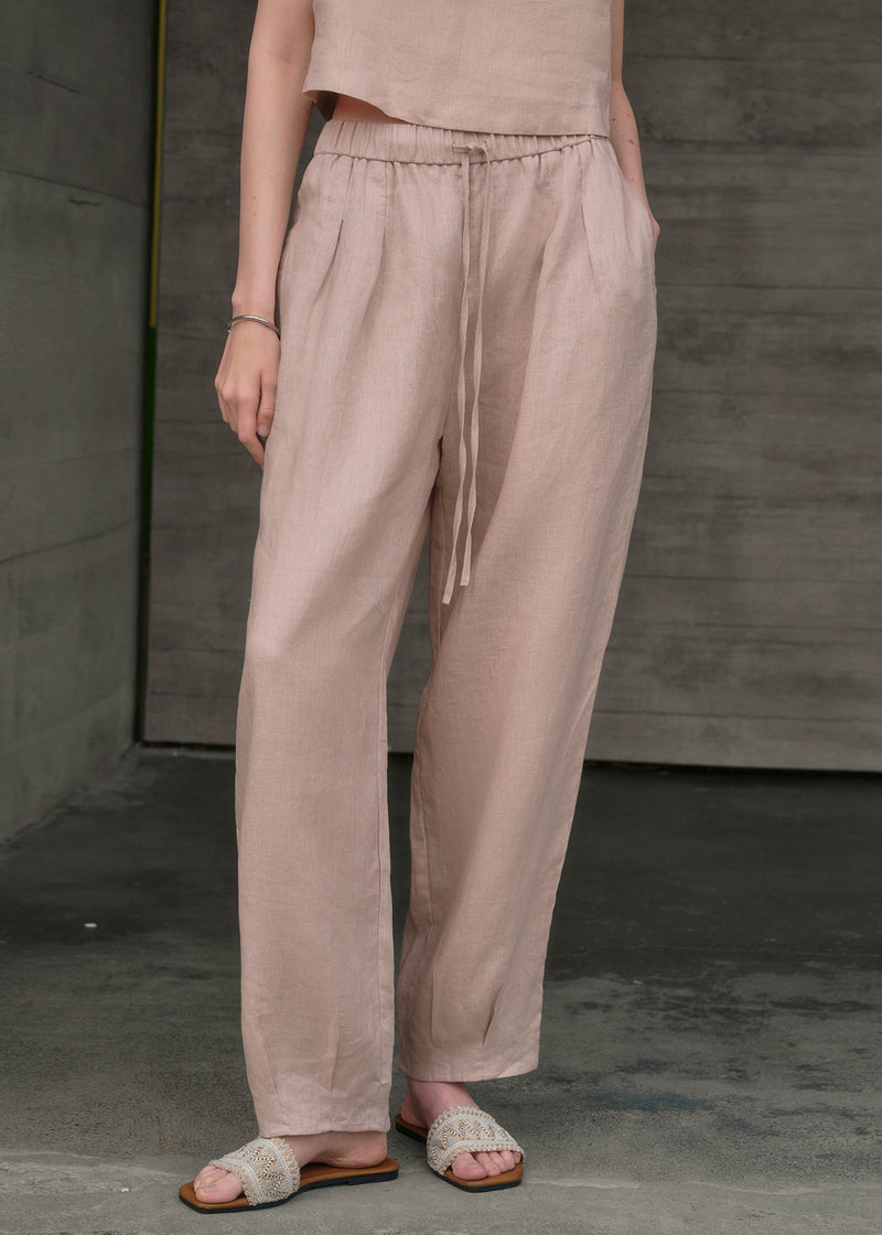 Simple Style White Pockets Elastic Waist Linen Pants Summer