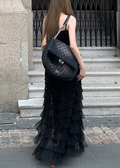 New Black Wrinkled Tulle Spaghetti Strap Dress Sleeveless