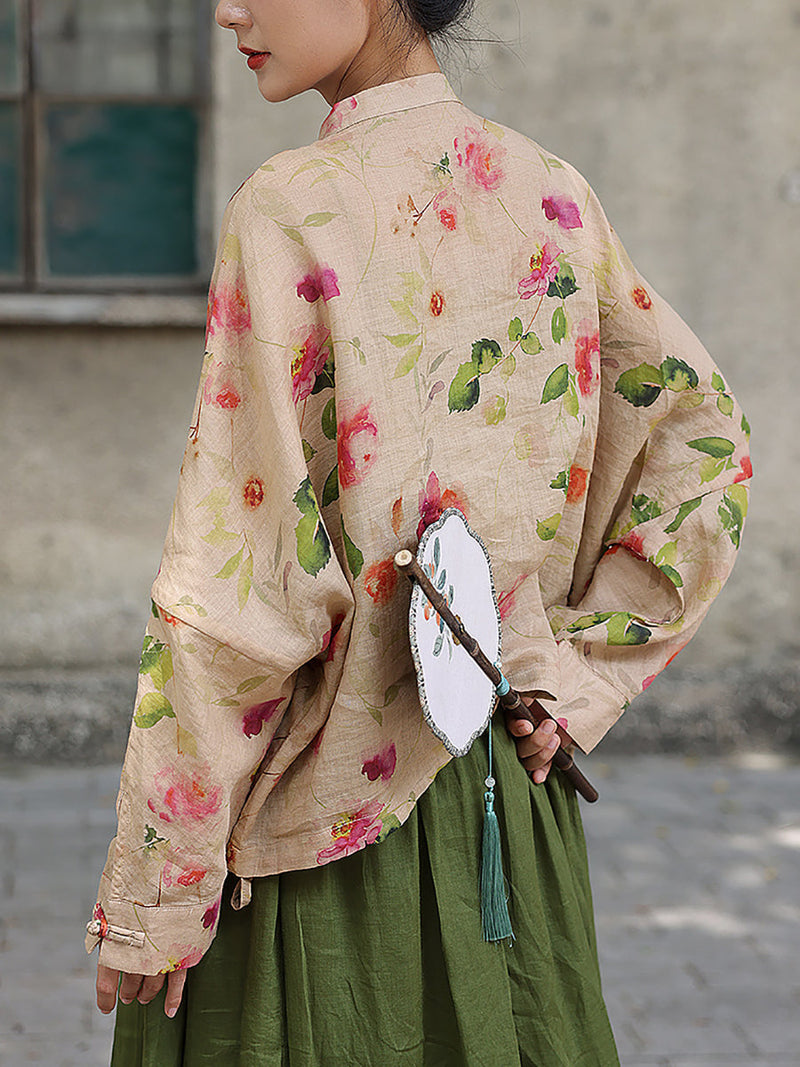 Flower Button-up Ramie Loose Shirt